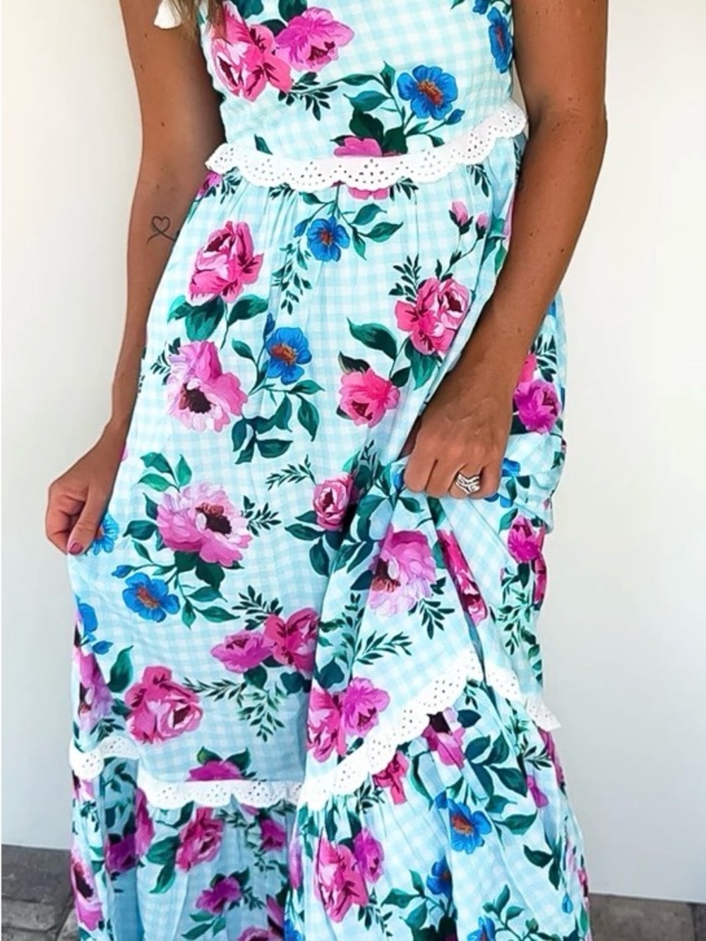 Bila Gingham Check and Floral Print Maxi Dress With Tassels